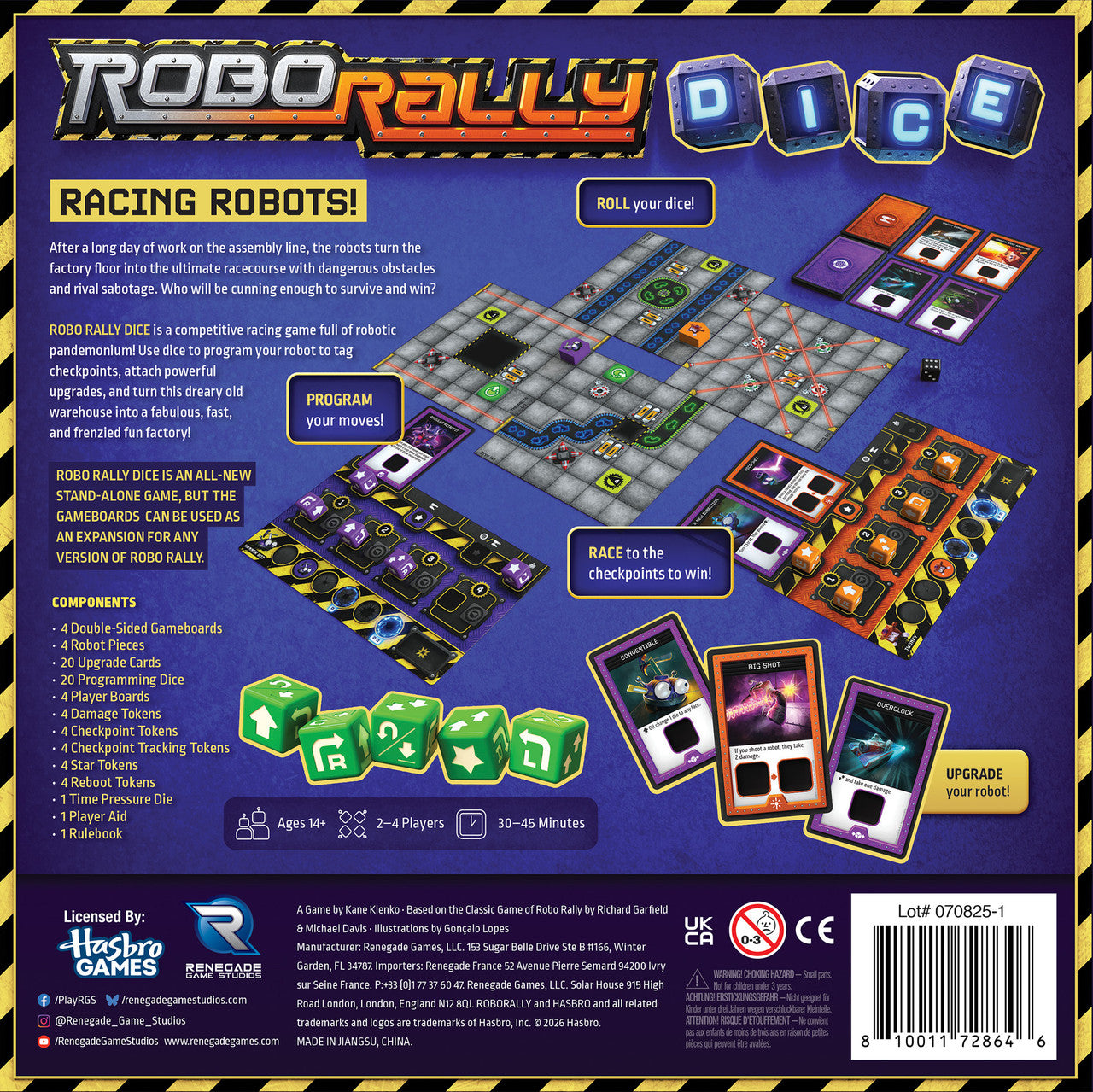 Set of Robo Rally dice from Renegade Game Studios showing colorful, custom-designed game dice in a clear box.