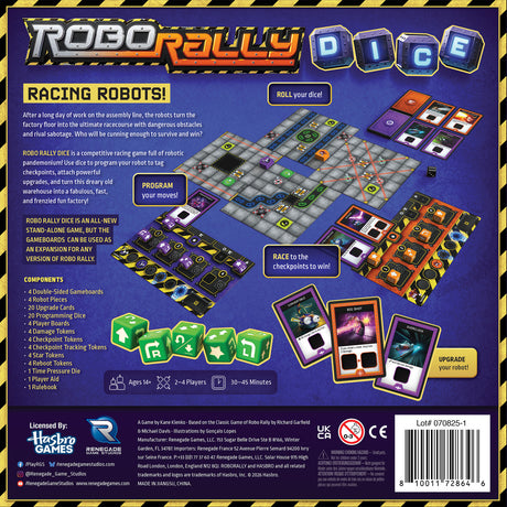 Set of Robo Rally dice from Renegade Game Studios showing colorful, custom-designed game dice in a clear box.