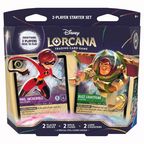 Lorcana TCG Elastigirl and Buzz Lightyear 2-player deck box with colorful character artwork from the Lorcana card game.