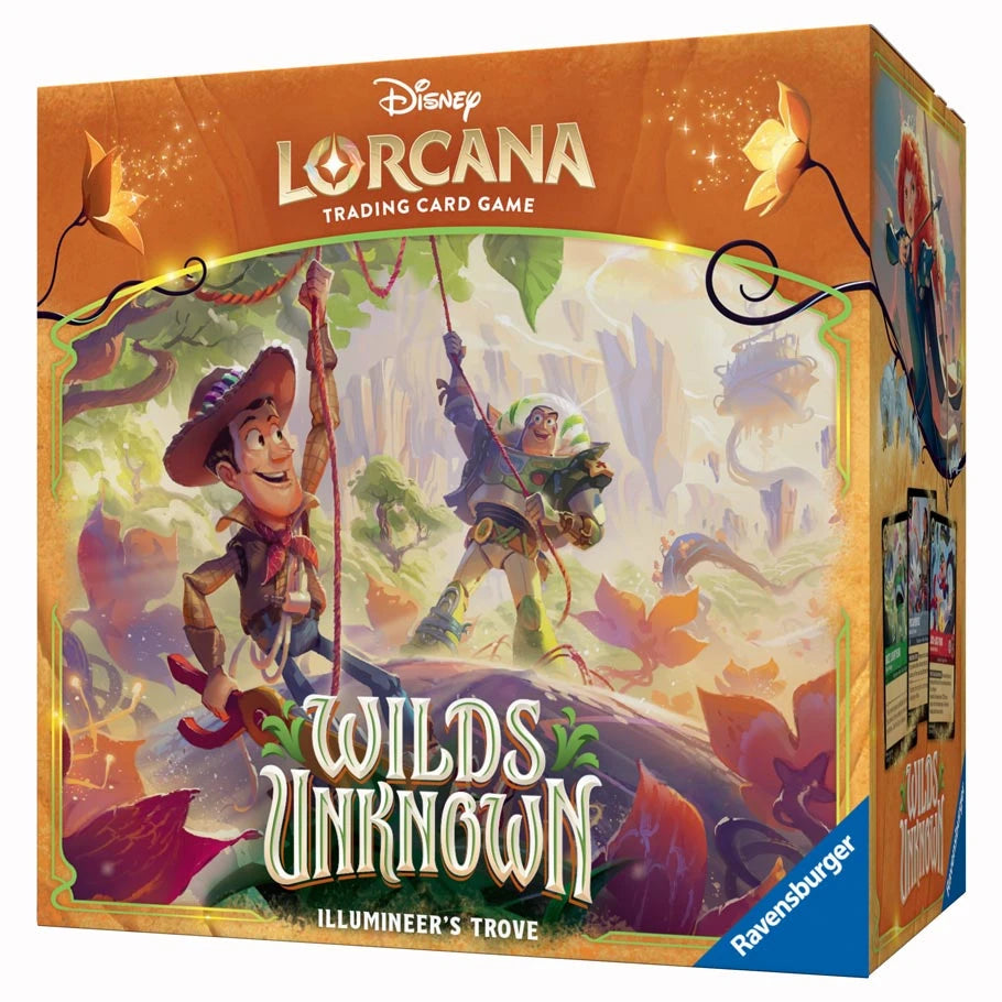 Lorcana TCG Wilds Unknown Illumineer's Trove box with colorful card artwork and packaging design, front view.