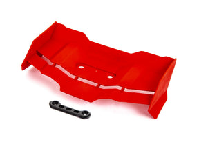 Red Traxxas rear wing with mounting hardware for RC car, featuring aerodynamic design and vibrant red color.