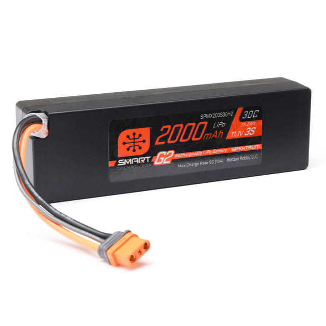 Spektrum 11.1V 2000mAh 3S 30C Smart G2 LiPo Battery with IC2 connector, shown in a close-up view.