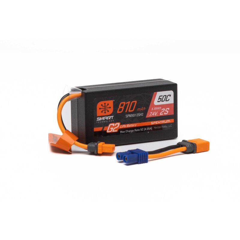 Spektrum 810mAh 2S 7.4V Smart G2 50C LiPo battery with IC2 connector showing the battery pack and branding.
