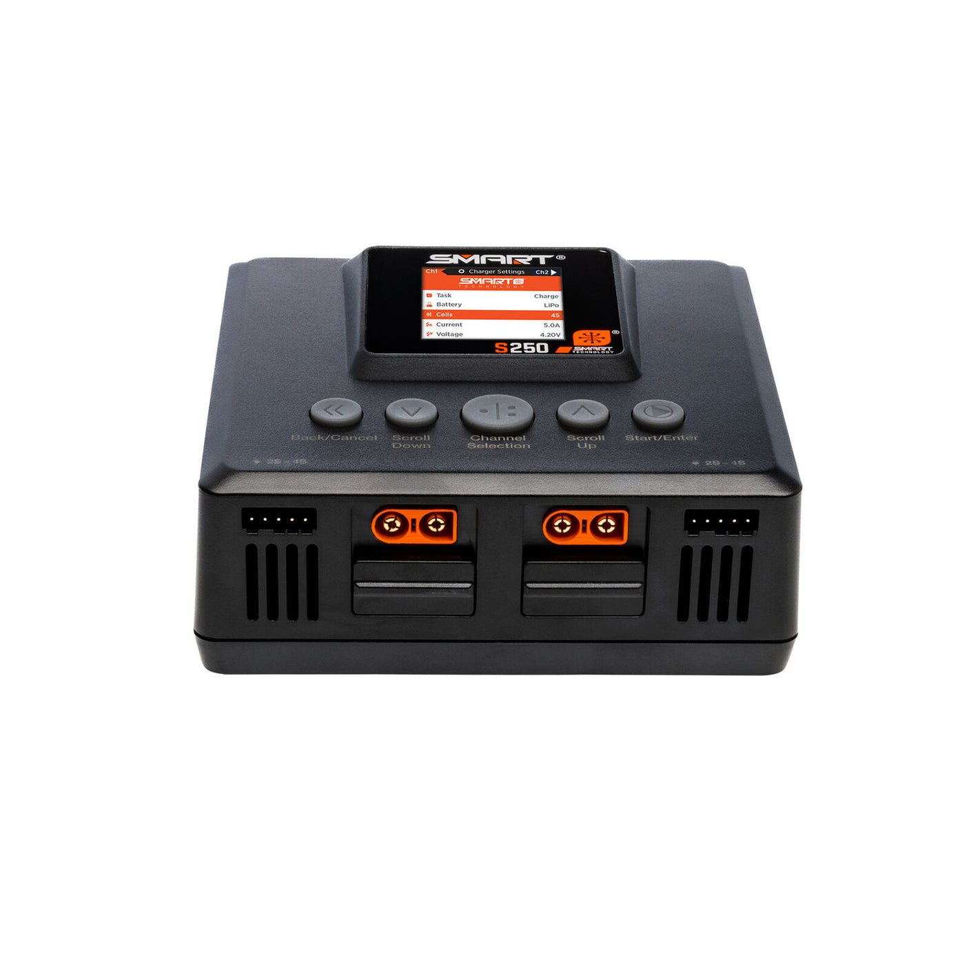 Spektrum Smart S250 AC Charger with dual 50W charging ports, compact design, and digital display for RC battery charging.