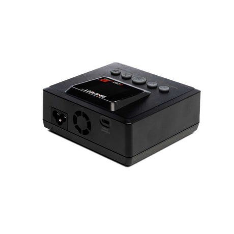 Spektrum Smart S250 AC Charger with dual 50W outputs for efficient battery charging, shown with cables and LCD display.