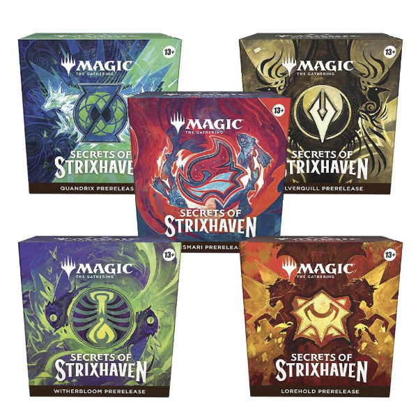 MTG Secrets of Strixhaven Prerelease Box by Wizards of the Coast with colorful game cards and packaging.