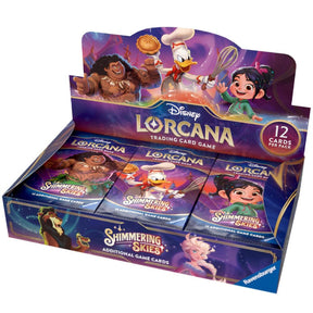 Lorcana TCG Shimmering Skies Booster Box featuring colorful artwork and packaging for collectible card game enthusiasts.