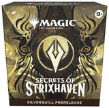 Silverquill prerelease box for Magic: The Gathering Secrets of Strixhaven by Wizards of the Coast, featuring Silverquill-themed cards and packaging.