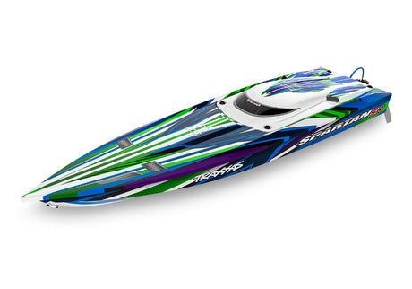 Green Traxxas Spartan SR 36-inch boat with VXL 6S motor, detailed hull design, and radio control features.