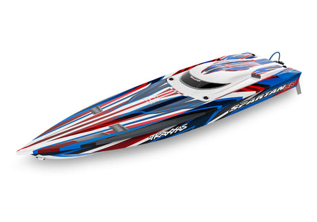 Red Traxxas Spartan SR 36" boat with VXL 6S motor, showcasing sleek design and detailed hull in a high-quality image.
