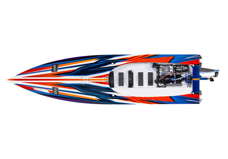 Traxxas Spartan SR 36-inch RC boat with top open view showing VXL 6S power system and detailed hull design.