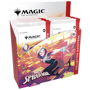 Spider-Man Collector Booster Box from Magic: The Gathering by Wizards of the Coast showing colorful packaging with comic-style Spider-Man artwork.