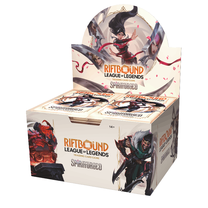 Display of Riftbound: Spiritforged booster box by UVS Games, featuring colorful card artwork and packaging design.