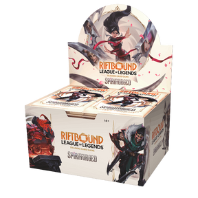 Display of Riftbound: Spiritforged booster box by UVS Games, featuring colorful card artwork and packaging design.