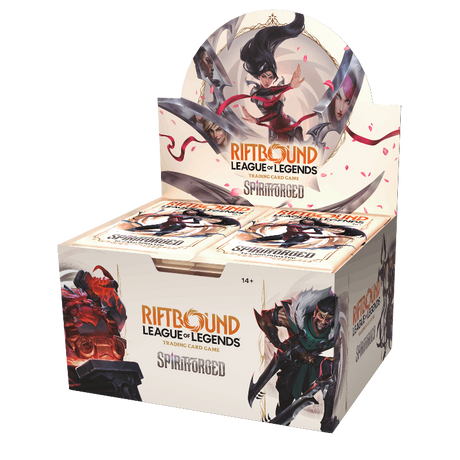 Display of Riftbound: Spiritforged booster box by UVS Games, featuring colorful card artwork and packaging design.