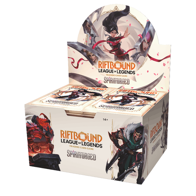 Display of Riftbound: Spiritforged booster box by UVS Games, featuring colorful card artwork and packaging design.