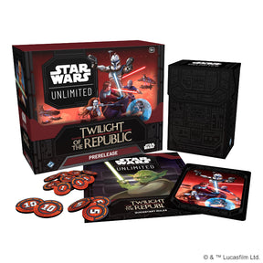 Star Wars Twilight of the Republic prerelease box featuring themed game cards and artwork from Fantasy Flight Games.