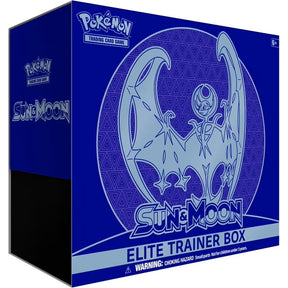 Pokémon Sun & Moon Elite Trainer Box for Pokémon TCG, featuring colorful packaging and card storage accessories.
