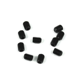 Set of 10 Tekno M3x4mm hex set screws, metal fasteners with hex heads, used for precise assembly and securing parts.