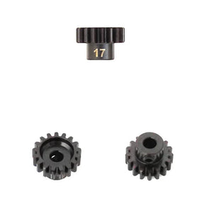 Tekno M5 pinion gear with 17-tooth, MOD1, 5mm bore, and set screw for RC car motor gear installation.
