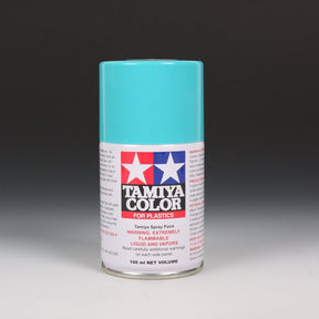 Tamiya TS-41 Coral Blue spray paint in 100ml bottle, showcasing the vibrant coral blue color and spray nozzle.