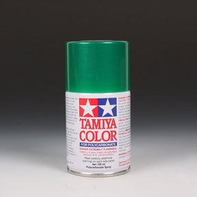 Tamiya PS-17 Metallic Green spray paint in a 100ml bottle, showcasing the metallic green paint with spray nozzle.