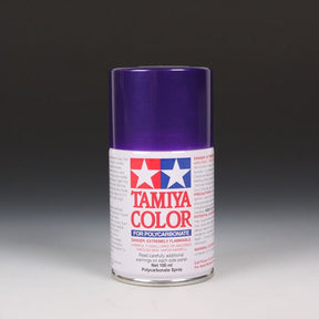 Tamiya PS-18 Metallic Purple spray paint can, 100ml, showing the vibrant metallic purple color and spray nozzle.