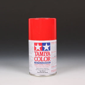Tamiya PS-34 Bright Red spray paint can, 100ml, with red spray nozzle and label visible on the Tamiya branded paint can.