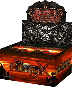 Flesh and Blood The Hunted booster box of collectible trading cards by Legends Story Studios, featuring vibrant card art.