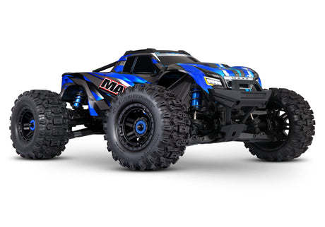 Blue Traxxas Maxx RC truck with WideMaxx suspension and large off-road tires, showcasing its powerful design and rugged build.