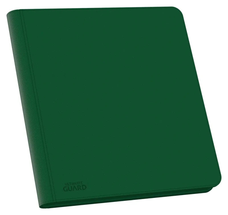 Ultimate Guard 12-Pocket Quadrow Zipfolio Xenoskin card binder with black exterior and visible clear plastic card sleeves inside.