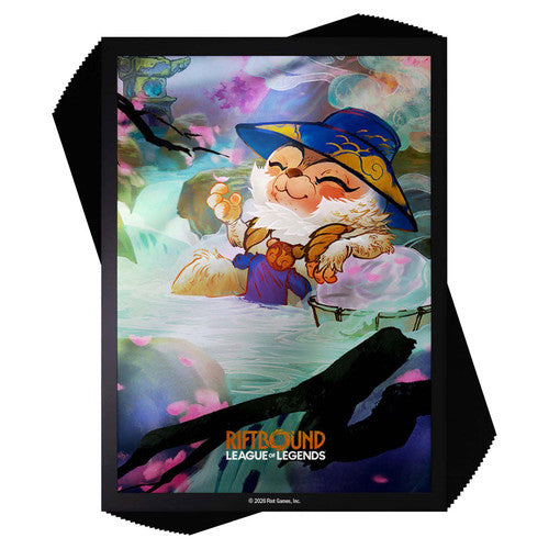 Set of 100 Riftbound Spiritforged sleeves by UVS Games, featuring colorful fantasy-themed card protectors for trading card games.