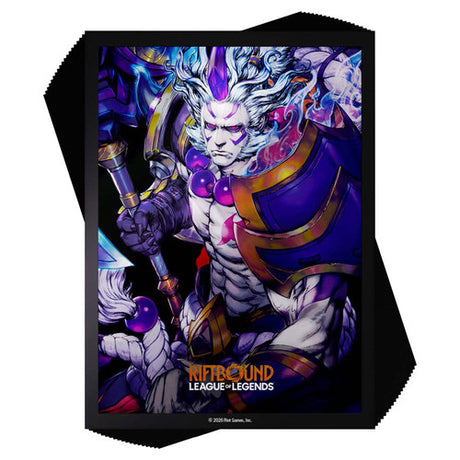 Set of 100 Riftbound Spiritforged sleeves by UVS Games, featuring colorful illustrated card protectors for trading card games.