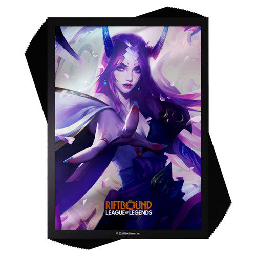 Set of 100 Riftbound Spiritforged sleeves by UVS Games, featuring colorful fantasy-themed card sleeves for trading card protection.