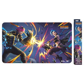 Image of Riftbound: Vendetta card game box featuring Vi and Jinx characters from UVS Games, with colorful artwork and game components.