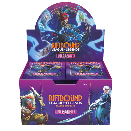 UVS Games Riftbound: Unleashed Booster Box featuring colorful artwork and multiple booster packs for collectible card game fans.