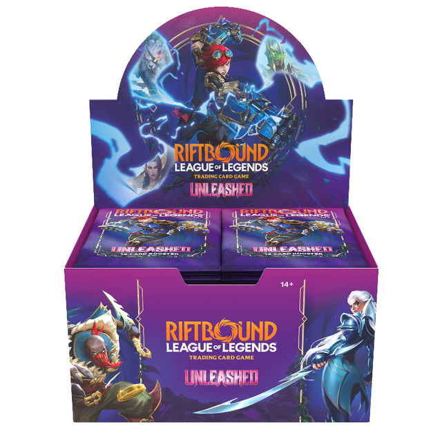 UVS Games Riftbound: Unleashed Booster Box featuring colorful artwork and multiple booster packs for collectible card game fans.