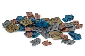 Vantage metal coins from Stonemaier Games, close-up of shiny silver collectible gaming tokens on a dark background.