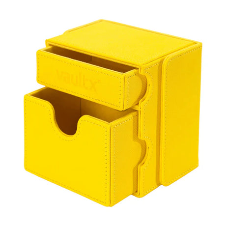 Vault X Exo-Tec Game Box 100+ in yellow, durable storage case for gaming accessories and cartridges, with secure lid and compact design.