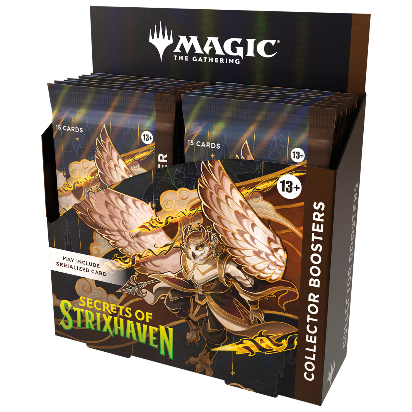 Wizards of the Coast Magic: The Gathering Secrets of Strixhaven Collector Booster Box with colorful booster packs and artwork.