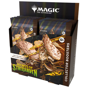 Wizards of the Coast Magic: The Gathering Secrets of Strixhaven Collector Booster Box with booster packs displayed.