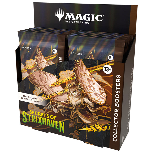 Wizards of the Coast Magic: The Gathering Secrets of Strixhaven Collector Booster Box with colorful booster packs and artwork.