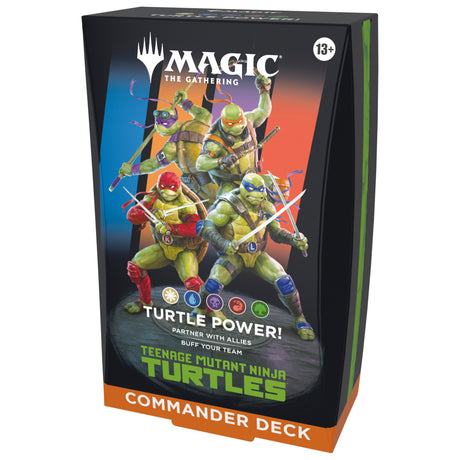 Teenage Mutant Ninja Turtles Commander Deck by Wizards of the Coast, featuring themed game cards and artwork from the popular trading card game.