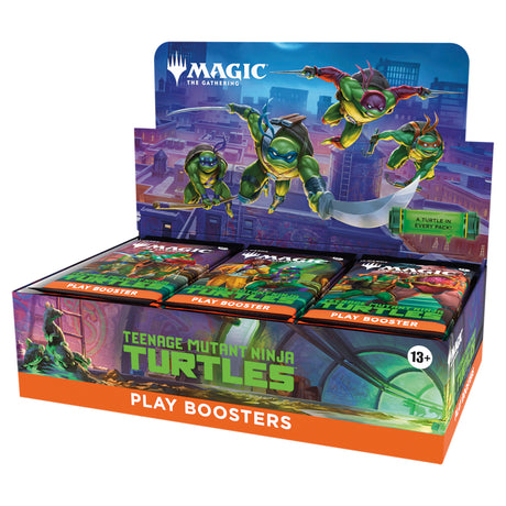 Teenage Mutant Ninja Turtles Play Booster by Wizards of the Coast featuring colorful ninja turtle cards and artwork.