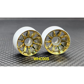 GL Racing R10 Gold Chrome RWD rims, close-up of shiny, stylish wheel with intricate spoke design and glossy finish.