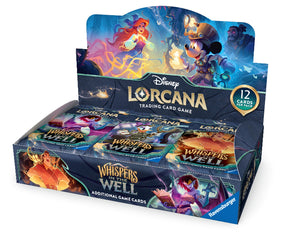 Lorcana TCG Whispers in the Well Booster Box featuring colorful card packaging and artwork from the Lorcana trading card game.