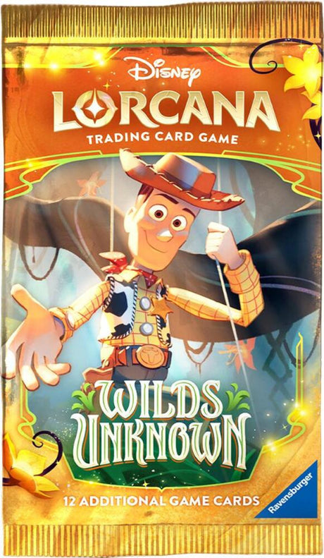 Lorcana TCG Wilds Unknown booster pack showing colorful card illustrations and packaging for collectible trading card game.
