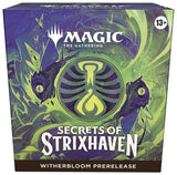 Witherbloom prerelease box for Magic: The Gathering Secrets of Strixhaven by Wizards of the Coast, featuring game cards and packaging.