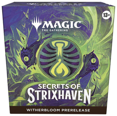 Witherbloom prerelease box for Magic: The Gathering Secrets of Strixhaven by Wizards of the Coast, featuring game cards and packaging.