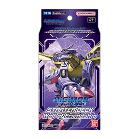 Digimon TCG Wolf of Friendship Starter Deck featuring colorful Digimon cards and game accessories from Bandai.